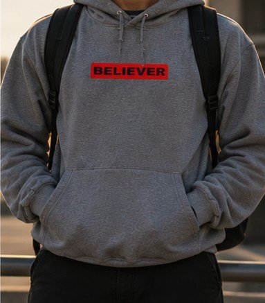 Wearing the Believer hoodie