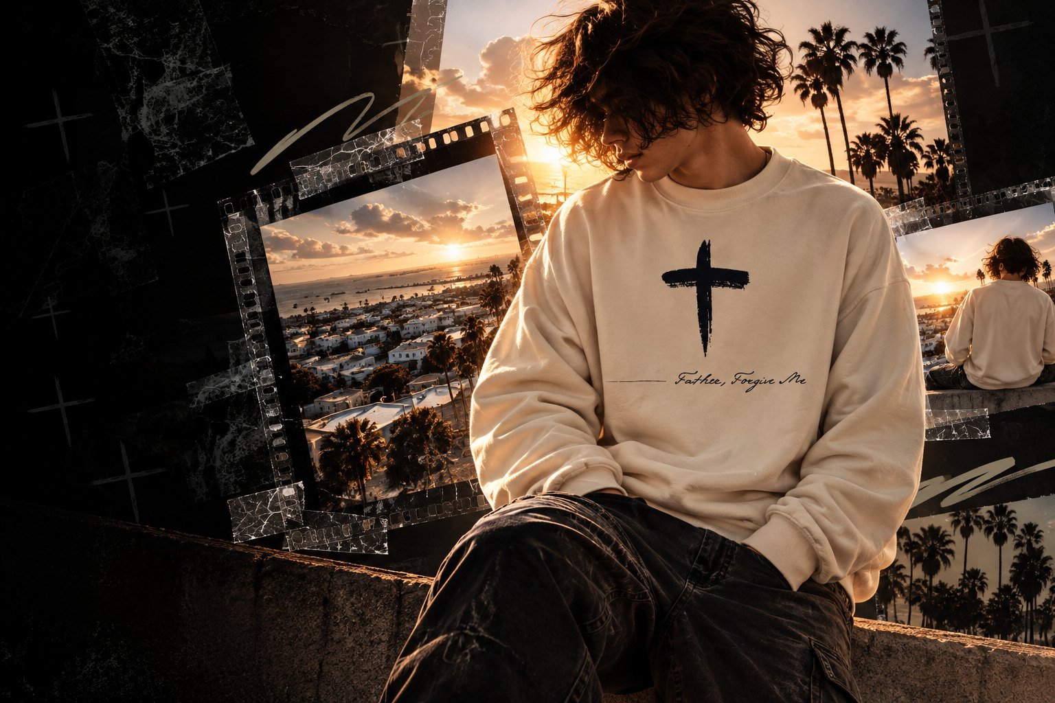 Wearing the Father, Forgive Me sweatshirt at sunset
